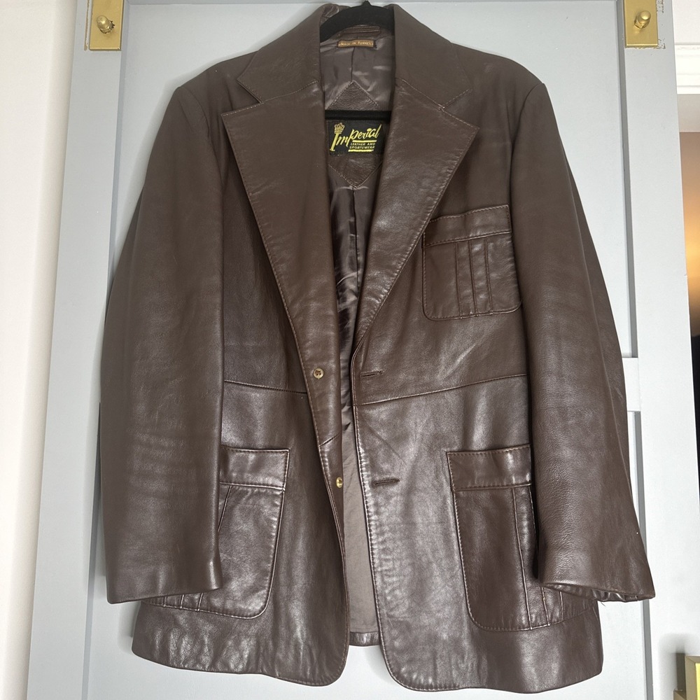 Vintage Imperial Jacket Mens Sz 40  Brown Button Front Collar 100% Leather 1980s